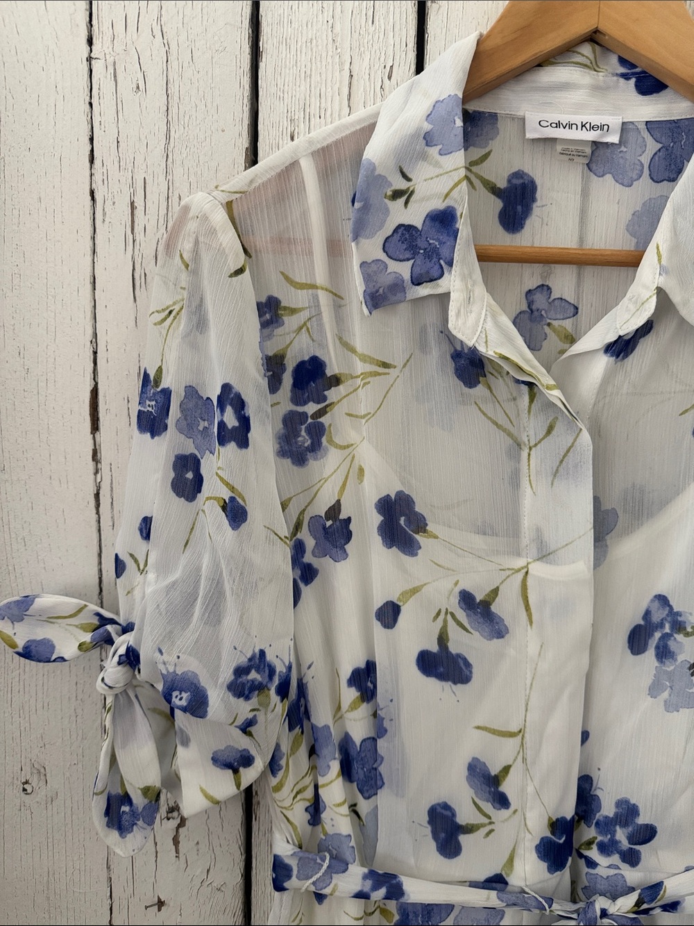 Calvin Klein White Midi Shirt Dress with Blue Floral Print - Picture 2 of 8